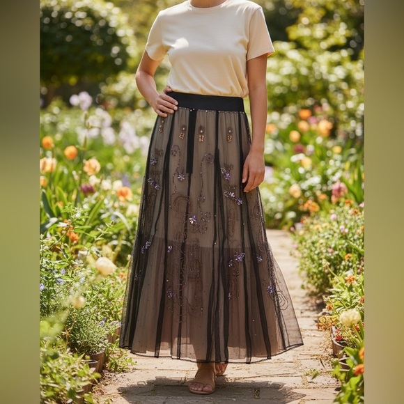J. Peterman Dresses & Skirts - J. Peterman Embroidered Tulle Midi Skirt – Romantic Garden Elegance